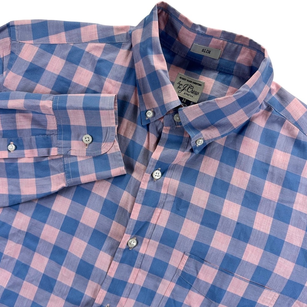 J.Crew Mens Long Sleeve Button Up Slim Stretch Gingham Shirt Pink Blue Medium